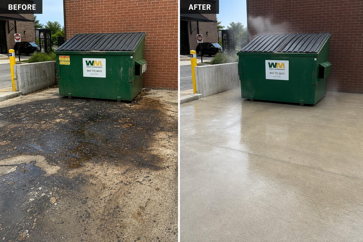 Before and after of a grease-stained restaurant dumpster pad