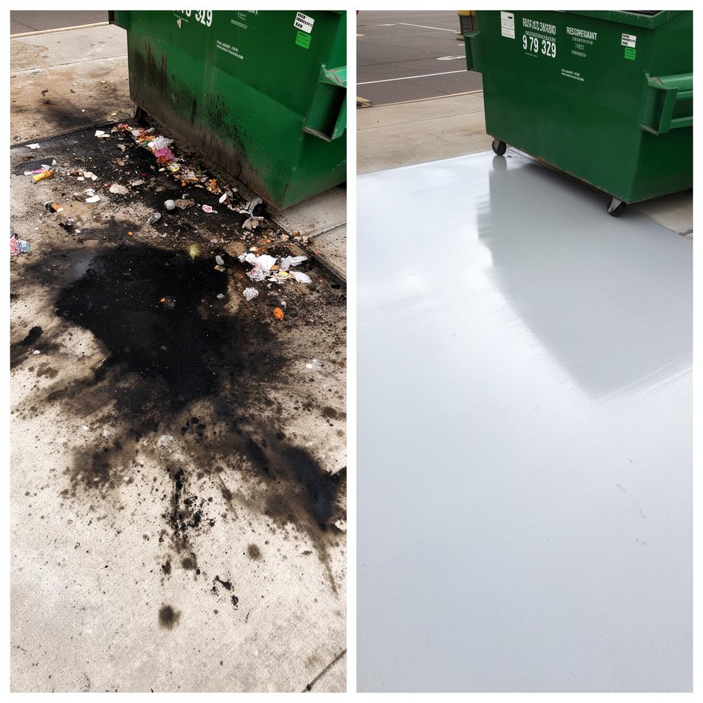 Before and after of a grease-stained restaurant dumpster pad